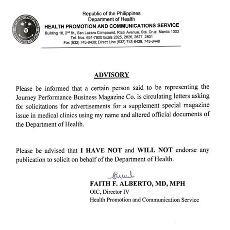 ADVISORY: Please be informed that .